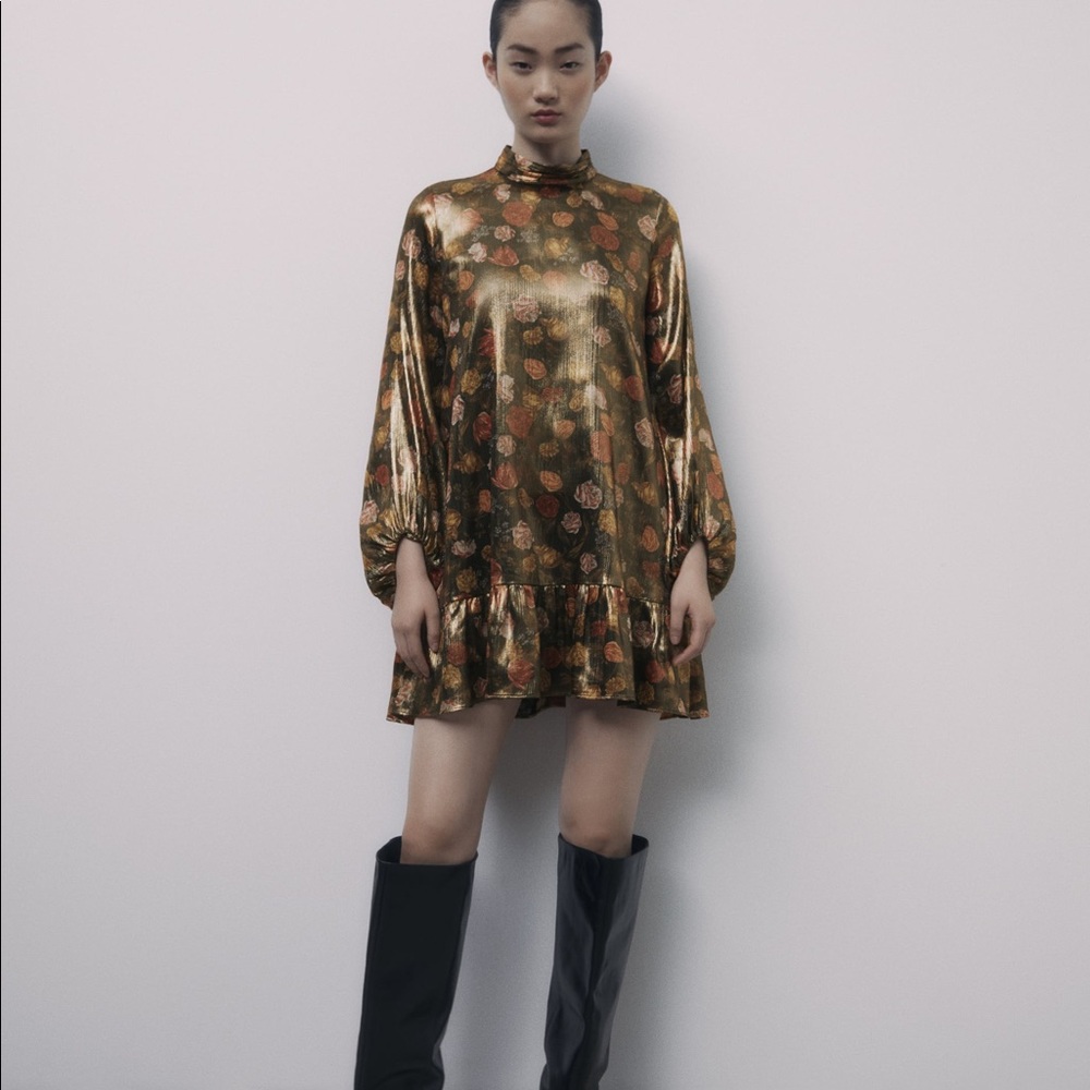 Zara Shinny Floral Print Dress SZ S - Picture 6 of 6